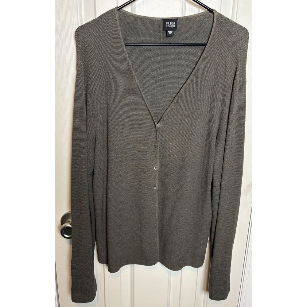 EILEEN FISHER Gray Olive Knit Cardigan Size XL Silk Blend